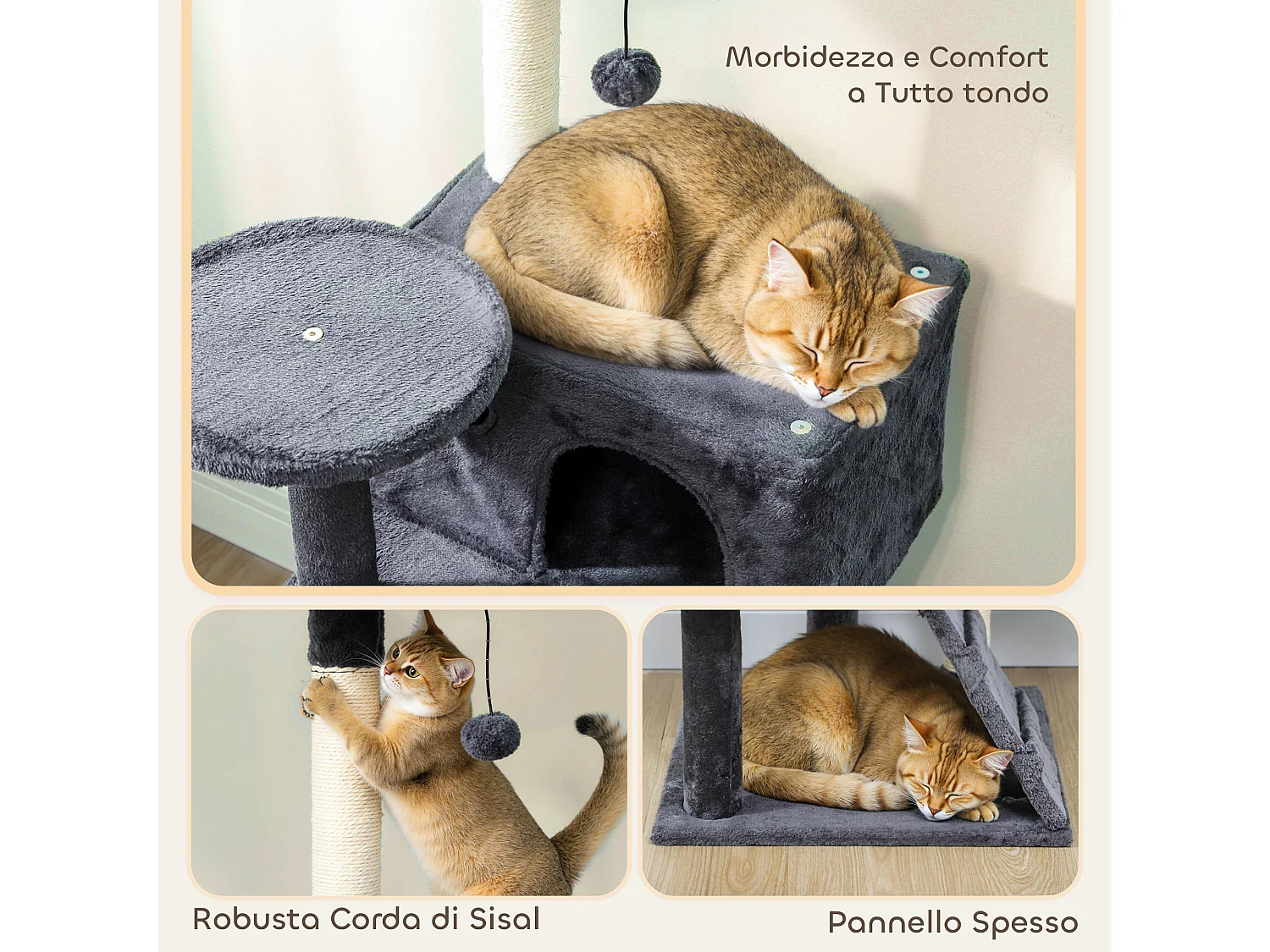 Albero per Gatti Multilivello con 3 Pali Graffiatoi, 2 Grotte, Cuccia, Amaca