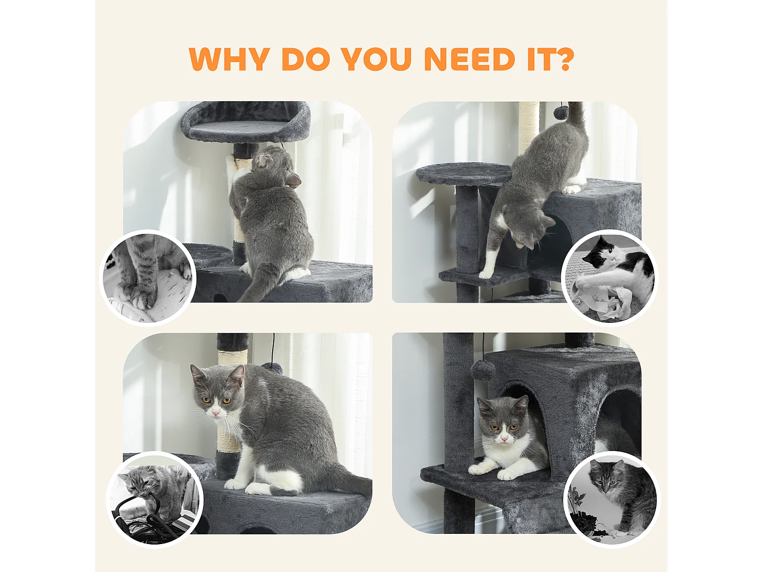 Albero per Gatti Multilivello con 3 Pali Graffiatoi, 2 Grotte, Cuccia, Amaca