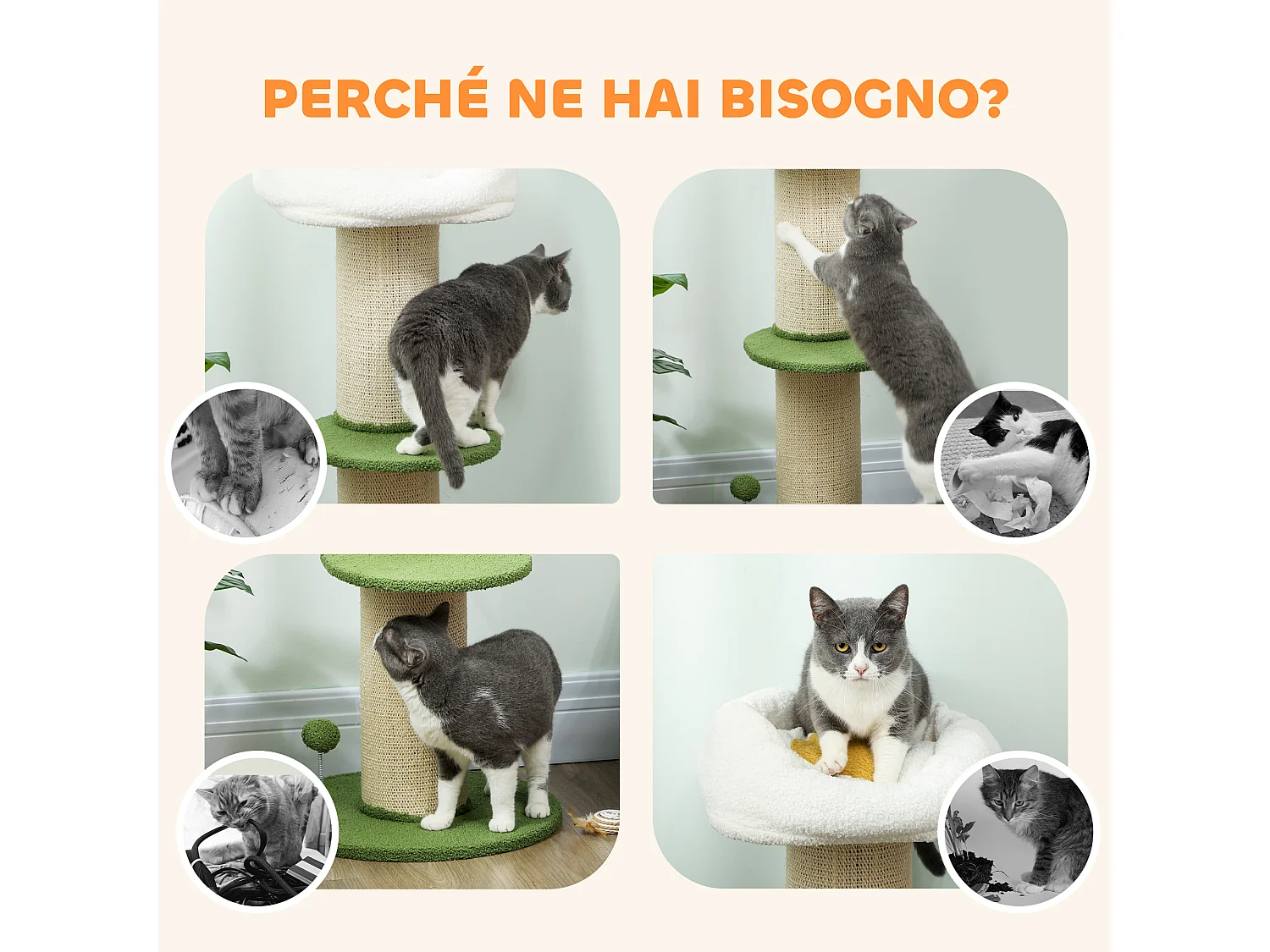 lbero per Gatti da 92 cm con Palo Tiragraffi in Sisal da 16.5 cm