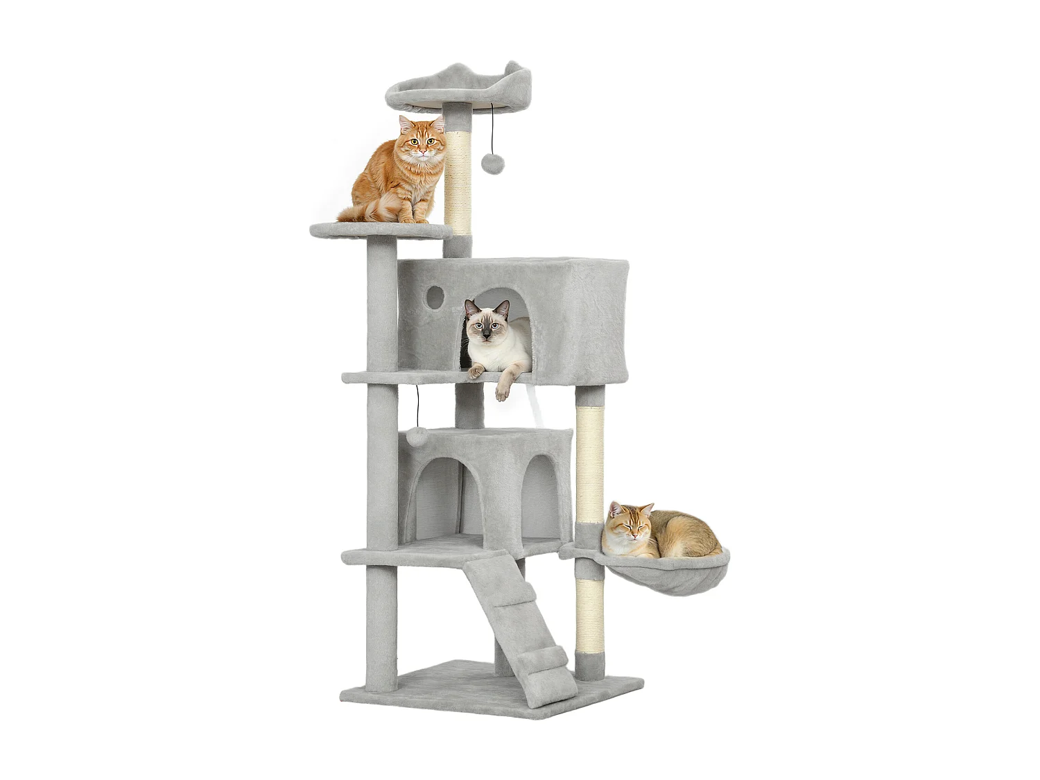 Albero tiragraffi per gatti alto 140 cm con 2 casette e amaca grigio