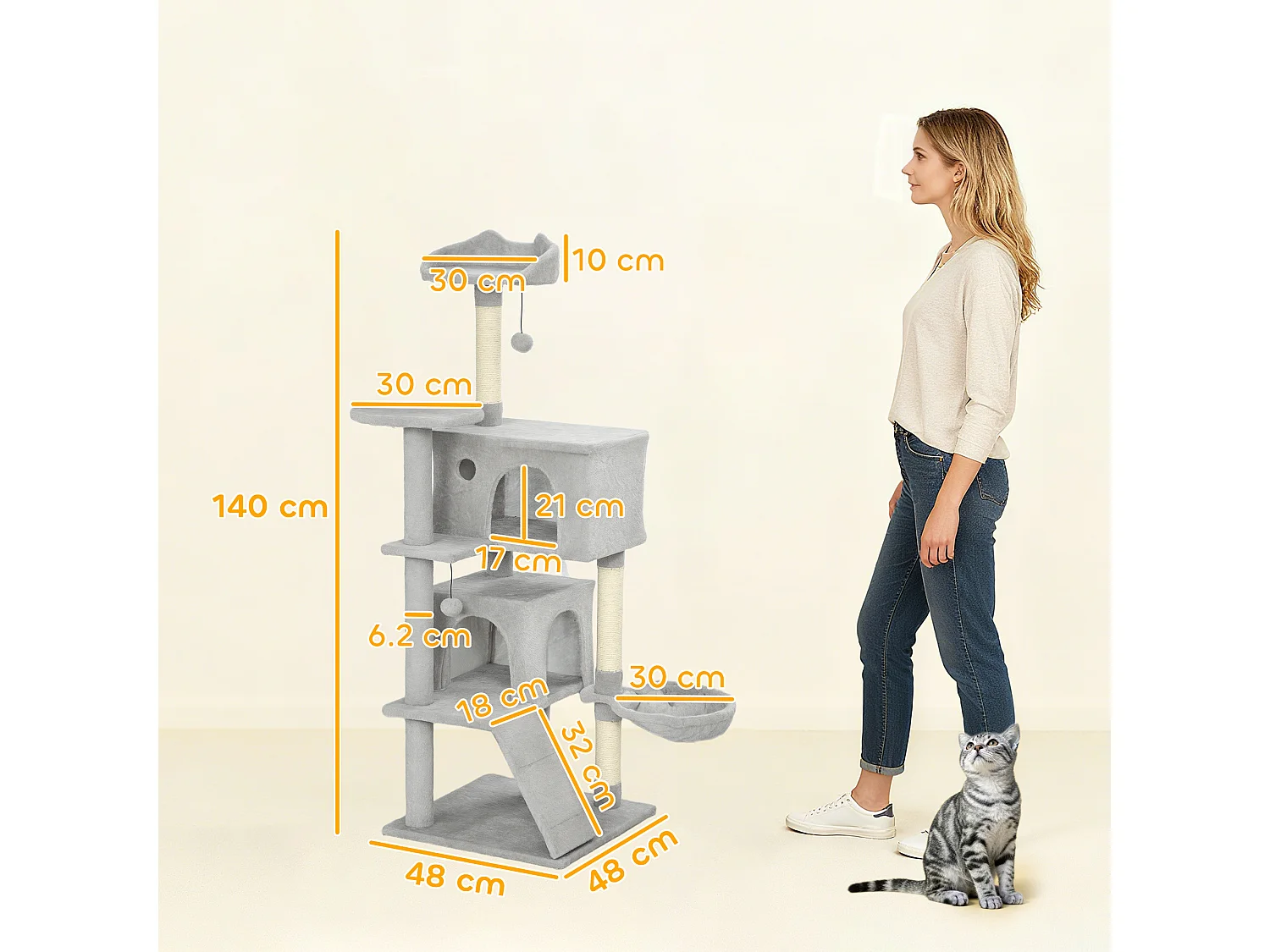 Albero tiragraffi per gatti alto 140 cm con 2 casette e amaca grigio