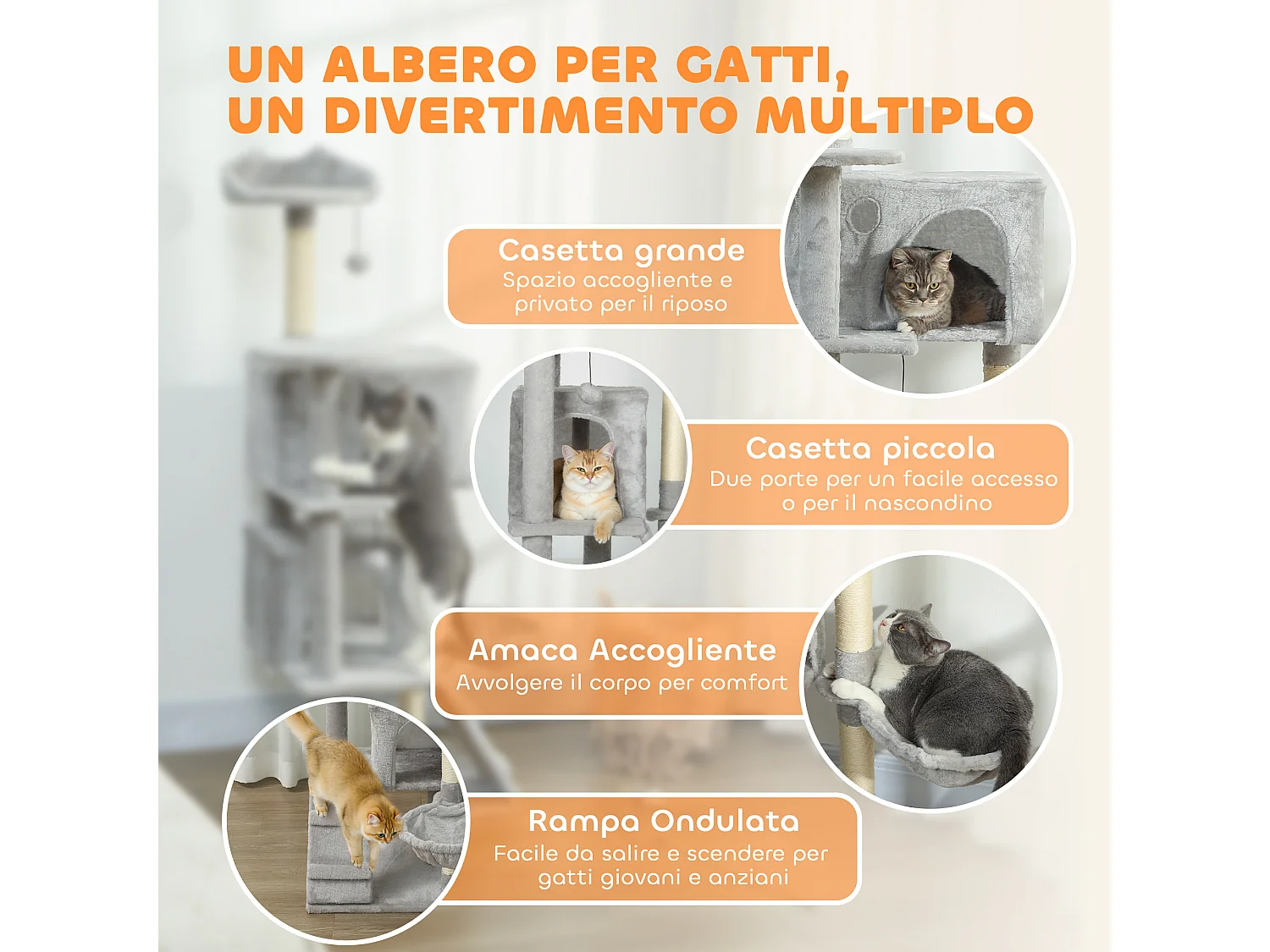 Albero tiragraffi per gatti alto 140 cm con 2 casette e amaca grigio
