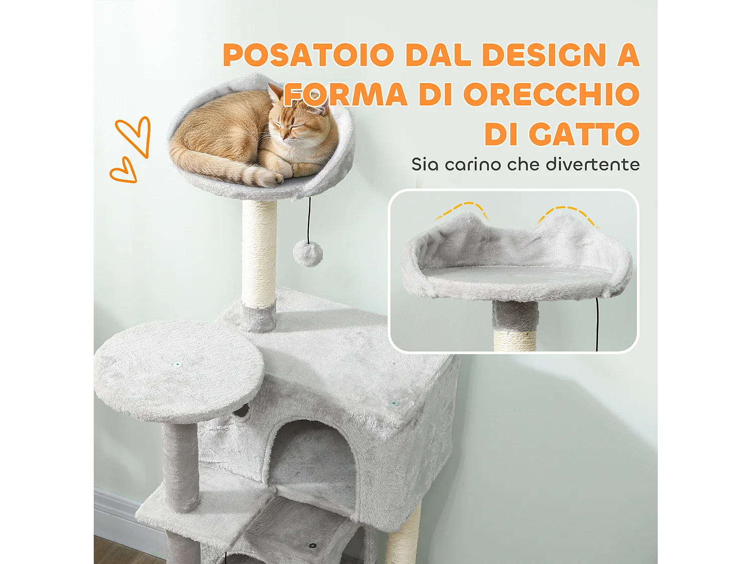 Albero tiragraffi per gatti alto 140 cm con 2 casette e amaca grigio