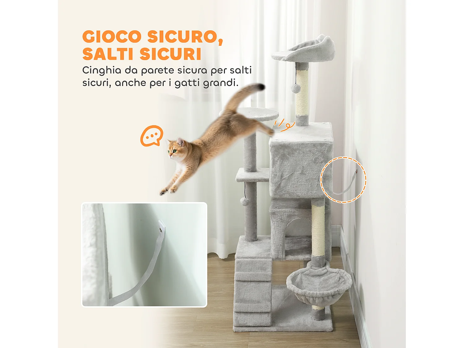 Albero tiragraffi per gatti alto 140 cm con 2 casette e amaca grigio