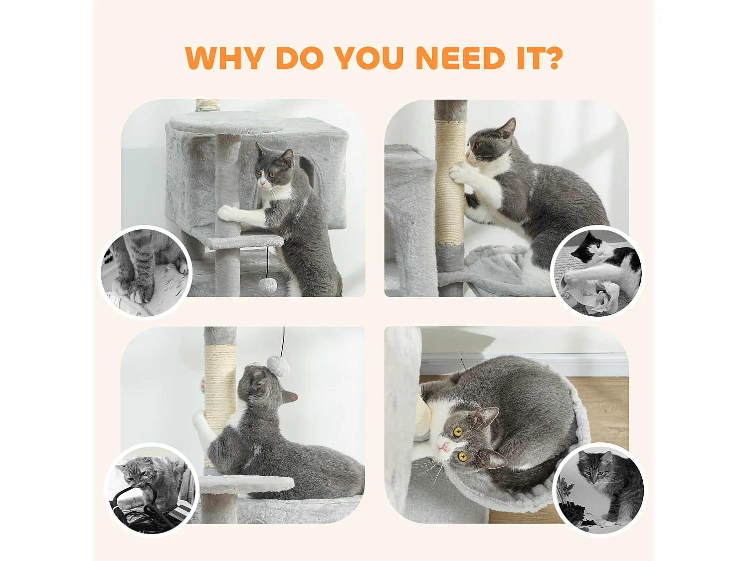 Albero tiragraffi per gatti alto 140 cm con 2 casette e amaca grigio