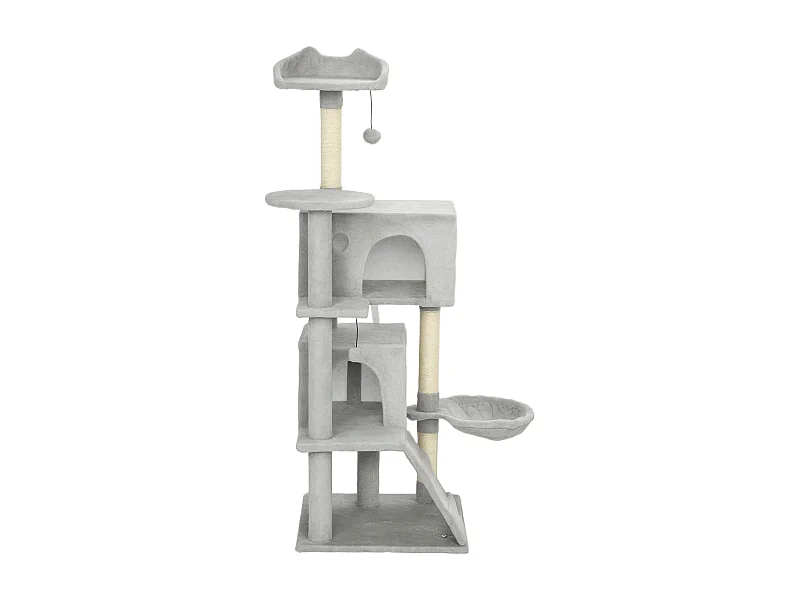 Albero tiragraffi per gatti alto 140 cm con 2 casette e amaca grigio