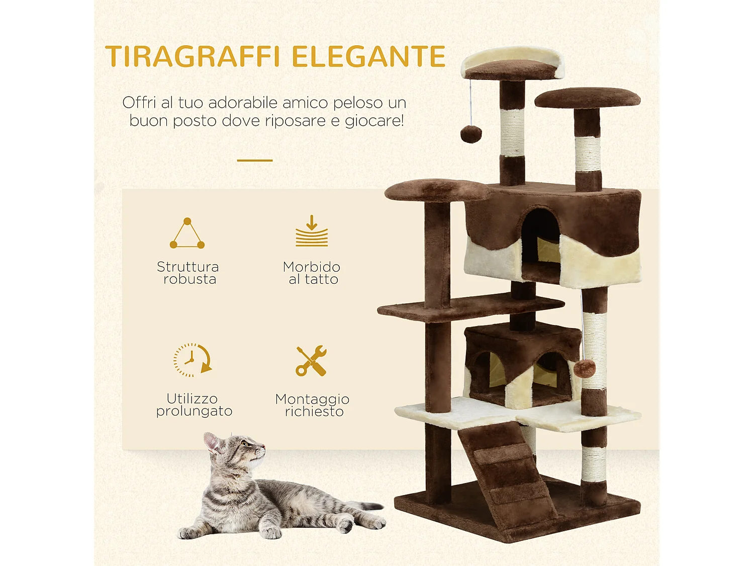 Tiragraffi per Gatti Cucce e Palline, Palestra per Gatti 50×50×134.5cm