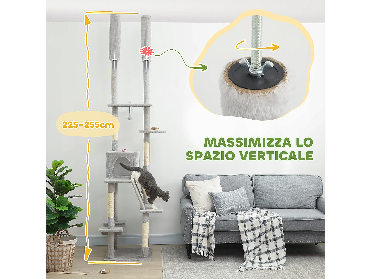 Albero tiragraffi a soffitto con altezza regolabile e casetta grigio