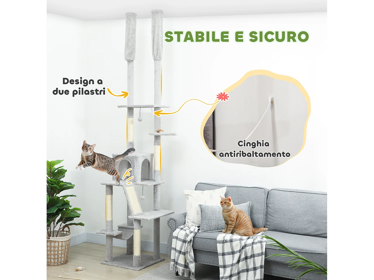 Albero tiragraffi a soffitto con altezza regolabile e casetta grigio