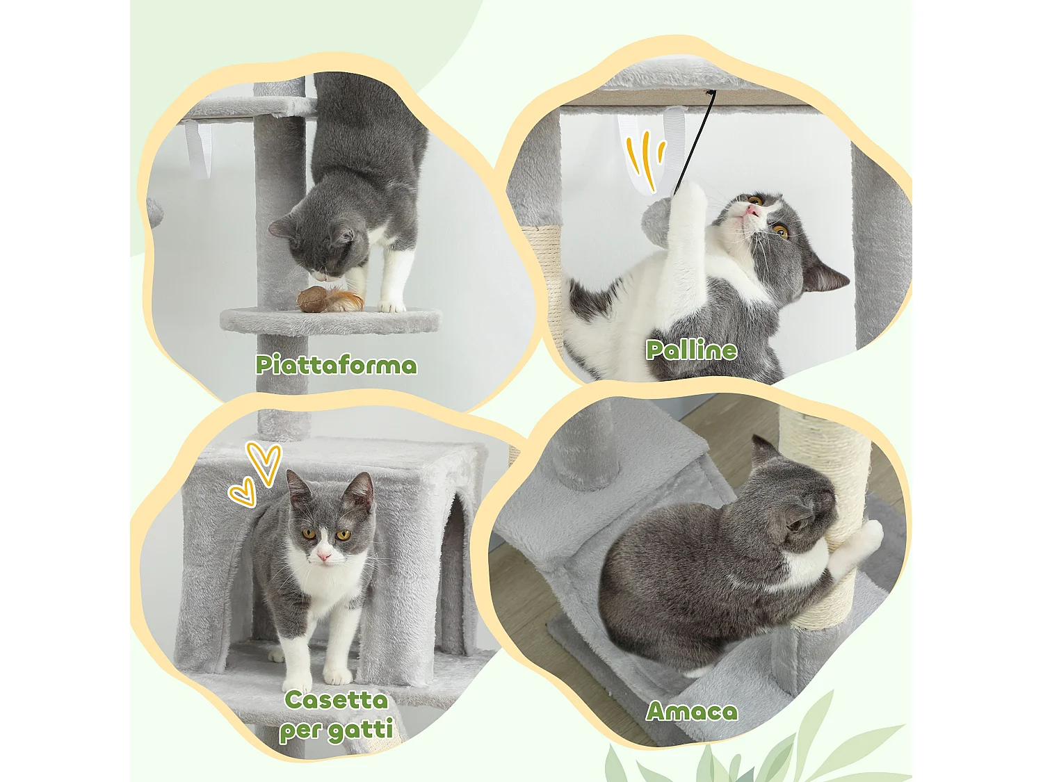 Albero tiragraffi a soffitto con altezza regolabile e casetta grigio