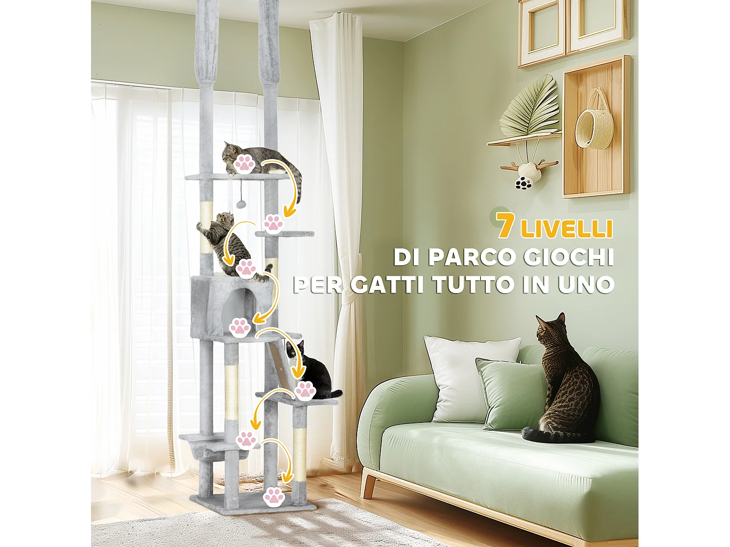 Albero tiragraffi a soffitto con altezza regolabile e casetta grigio