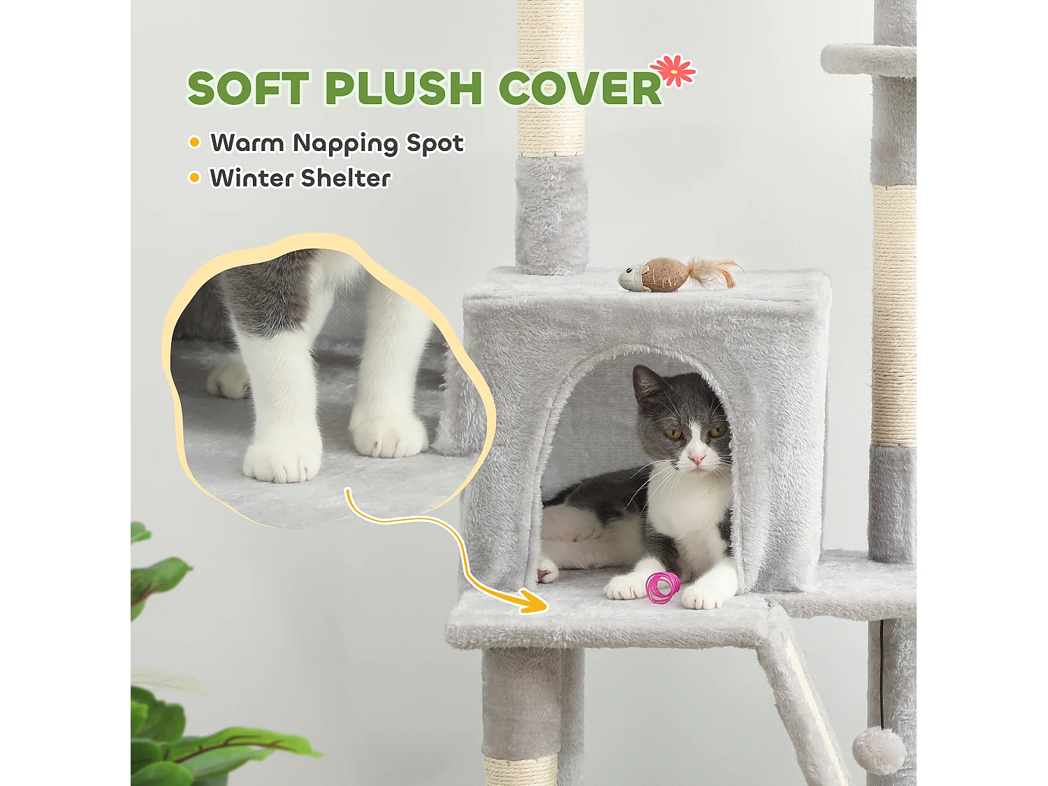 Albero tiragraffi a soffitto con altezza regolabile e casetta grigio