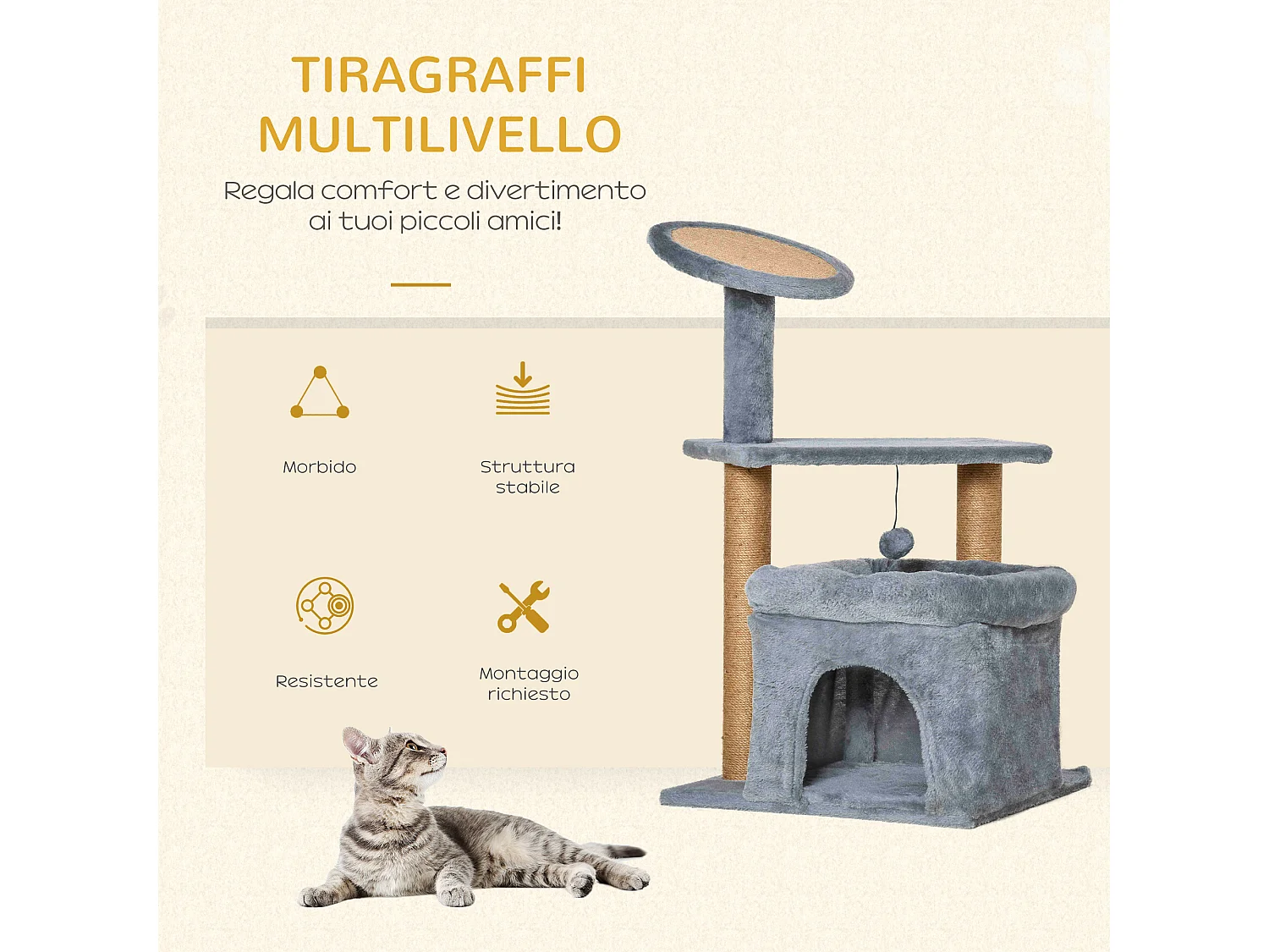 Albero per gatti con tiragraffi in juta casetta cuscino peluche