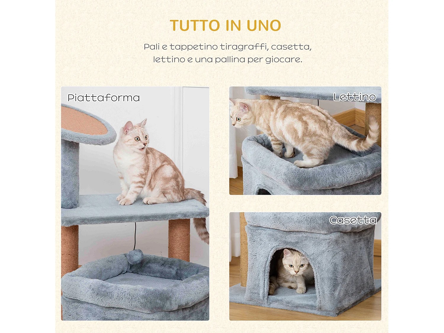 Albero per gatti con tiragraffi in juta casetta cuscino peluche