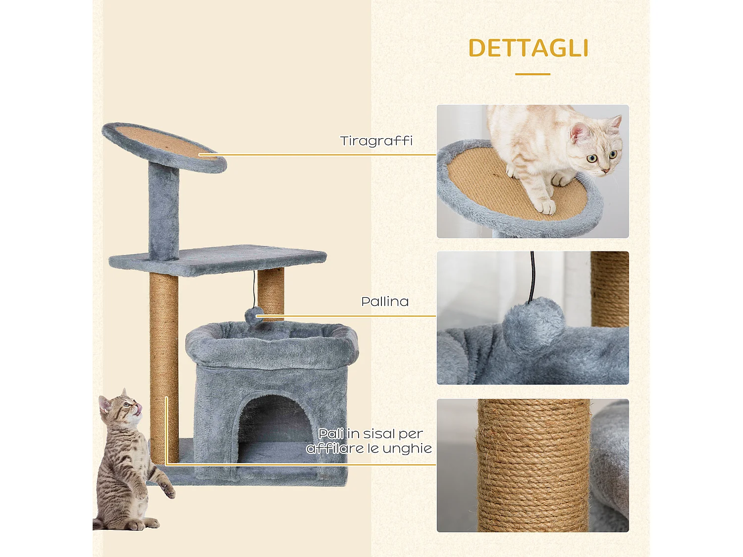 Albero per gatti con tiragraffi in juta casetta cuscino peluche