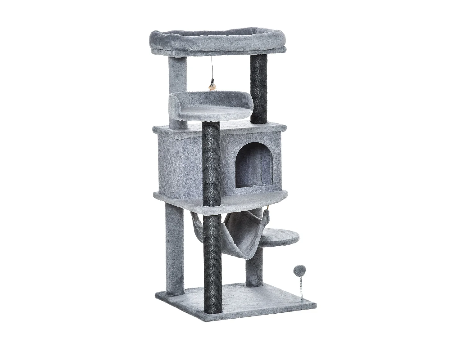 Tiragraffi per gatti con casetta, letto, piattaforme, amaca e giochi