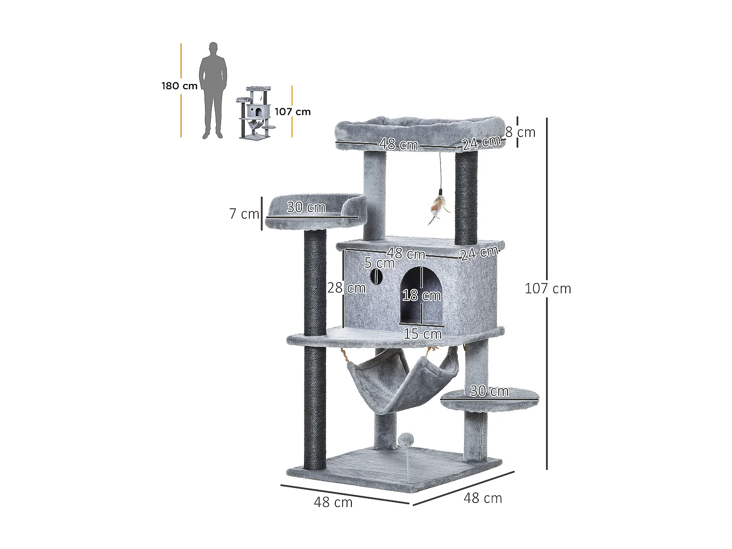 Tiragraffi per gatti con casetta, letto, piattaforme, amaca e giochi
