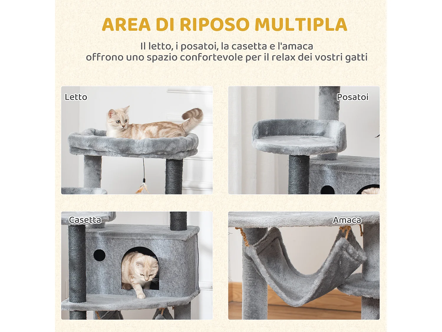 Tiragraffi per gatti con casetta, letto, piattaforme, amaca e giochi