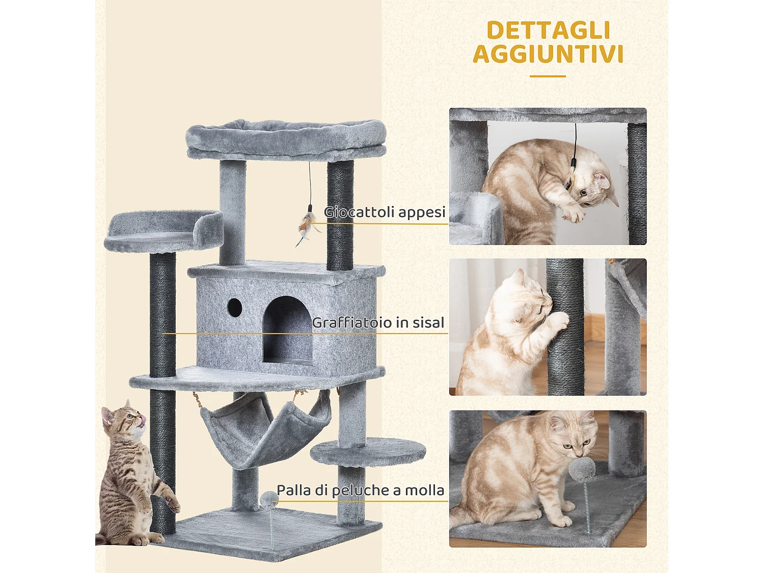 Tiragraffi per gatti con casetta, letto, piattaforme, amaca e giochi