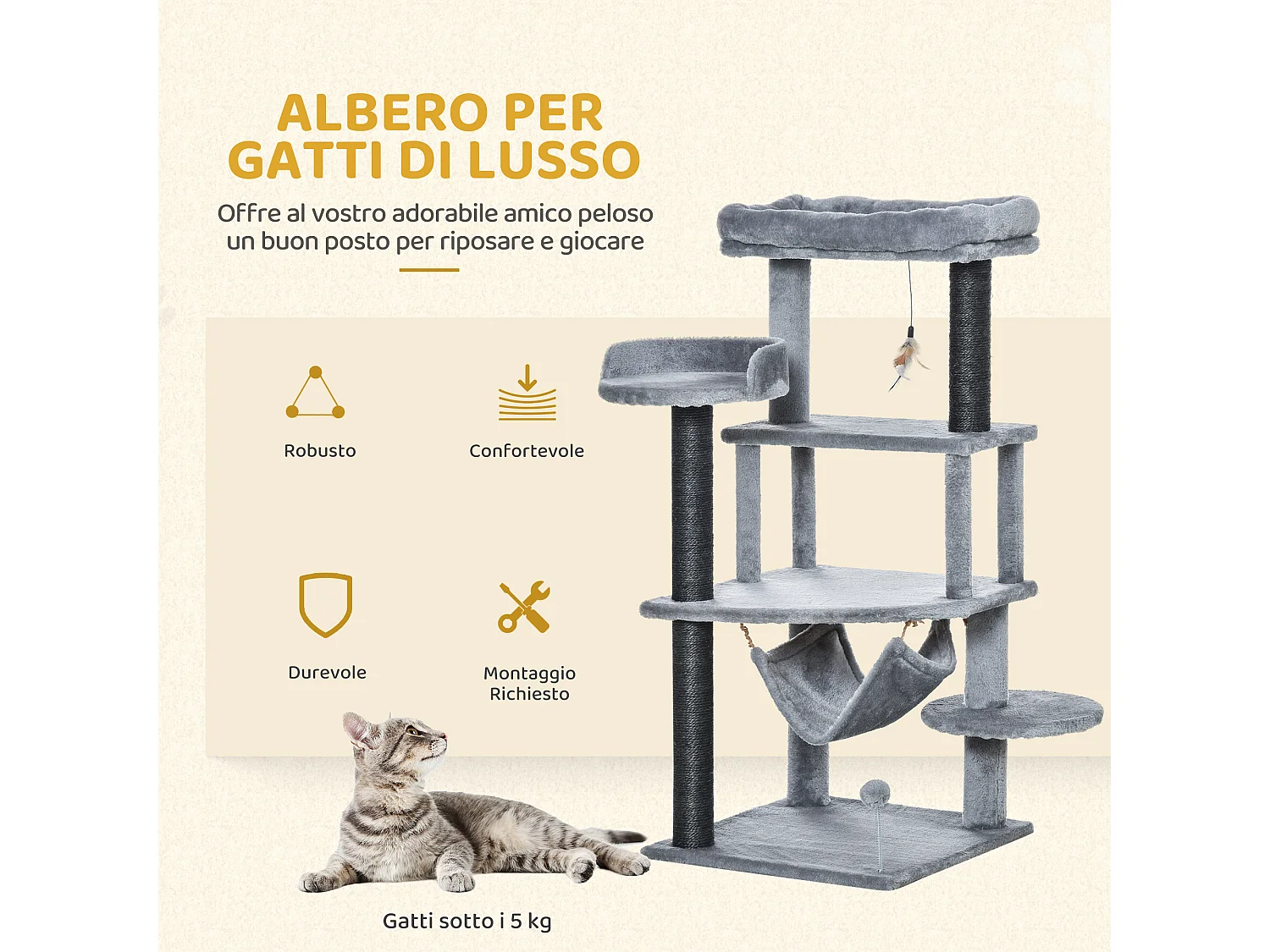 Tiragraffi per gatti con casetta, letto, piattaforme, amaca e giochi