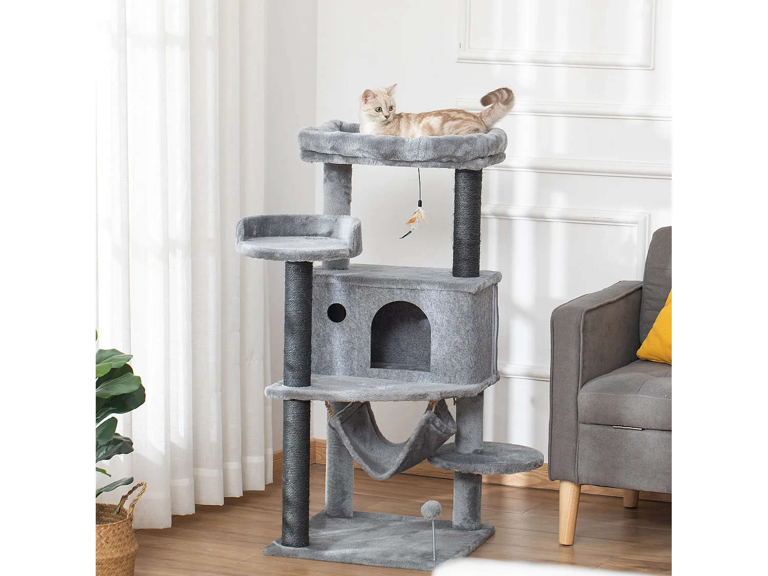 Tiragraffi per gatti con casetta, letto, piattaforme, amaca e giochi