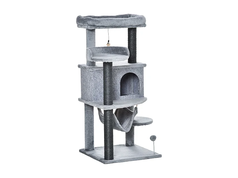 Tiragraffi per gatti con casetta, letto, piattaforme, amaca e giochi