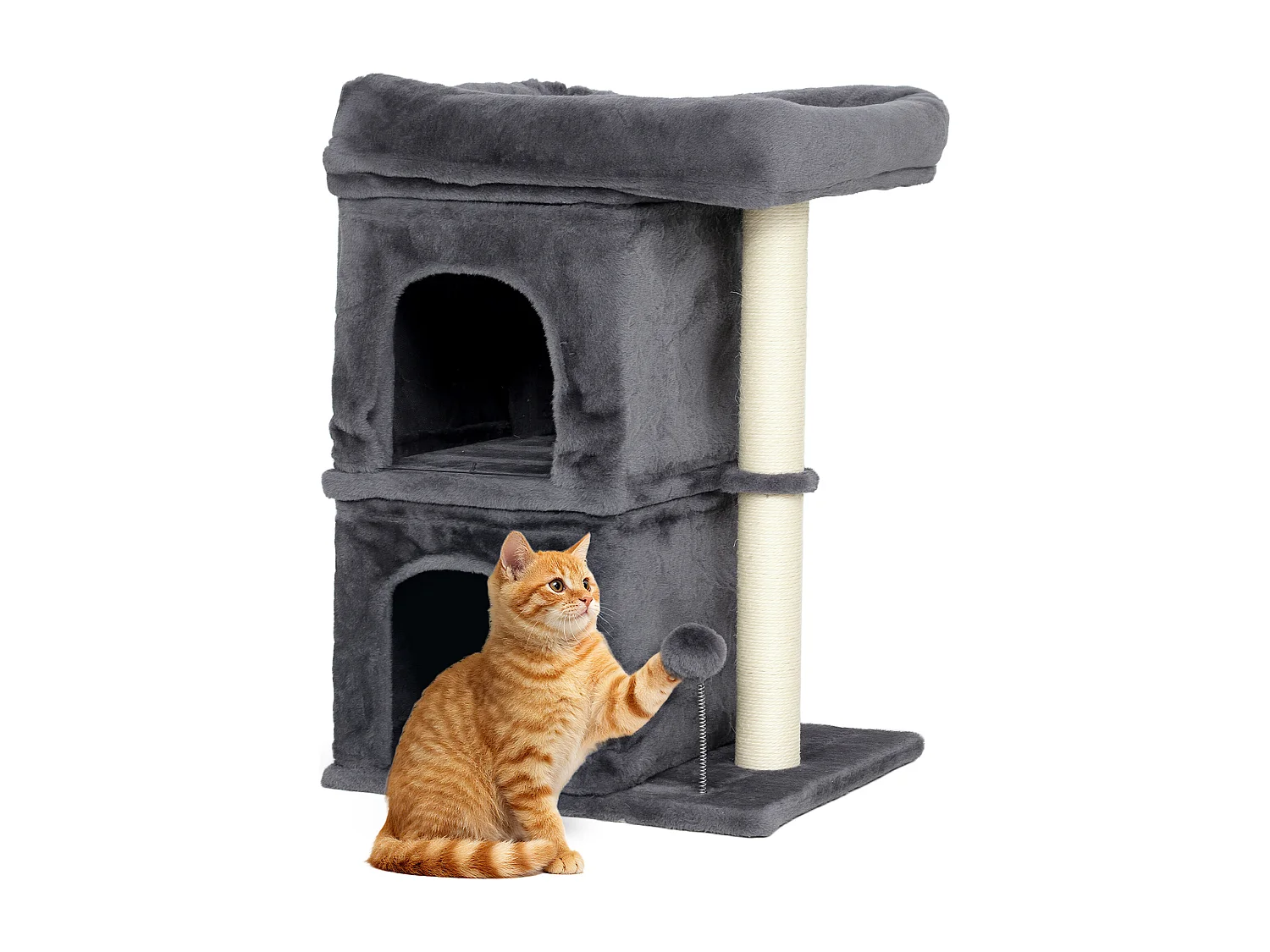 Torre per gatti con 2 casette e lettino con palo in sisal grigio