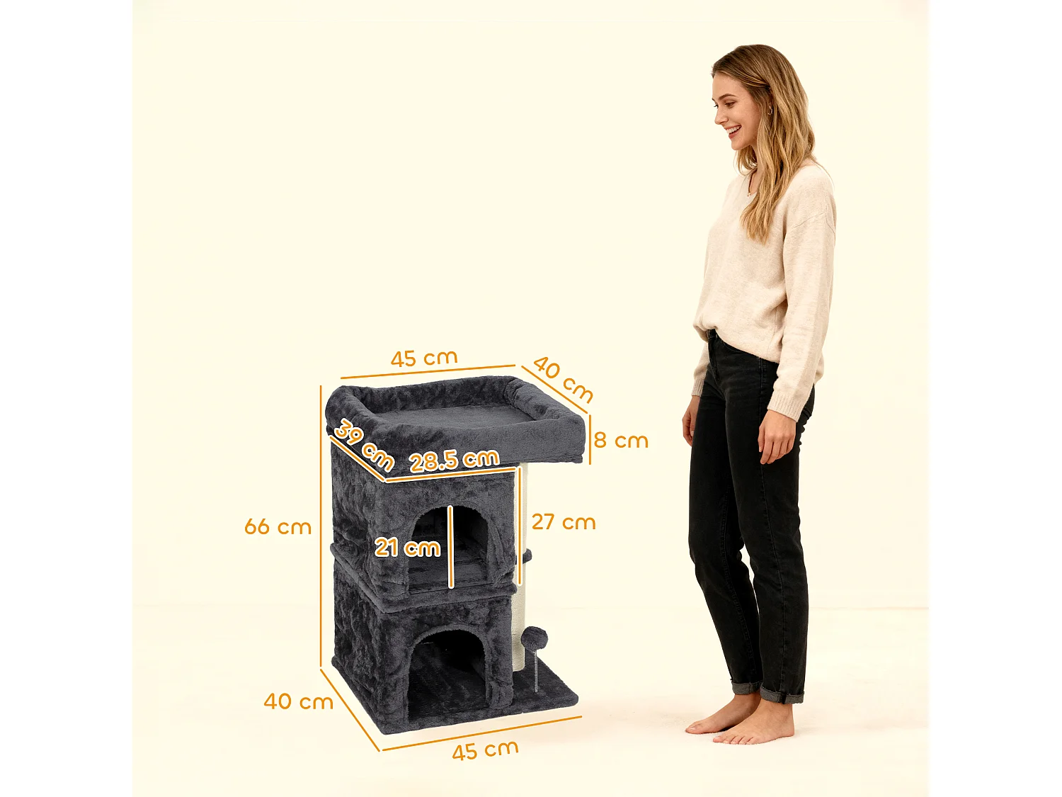 Torre per gatti con 2 casette e lettino con palo in sisal grigio