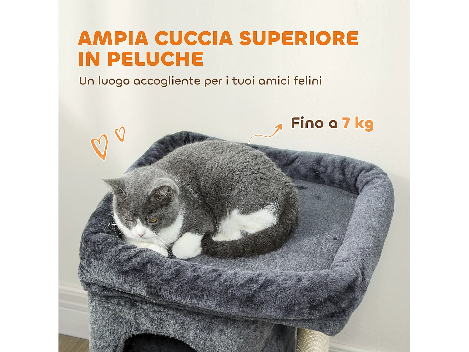 Torre per gatti con 2 casette e lettino con palo in sisal grigio