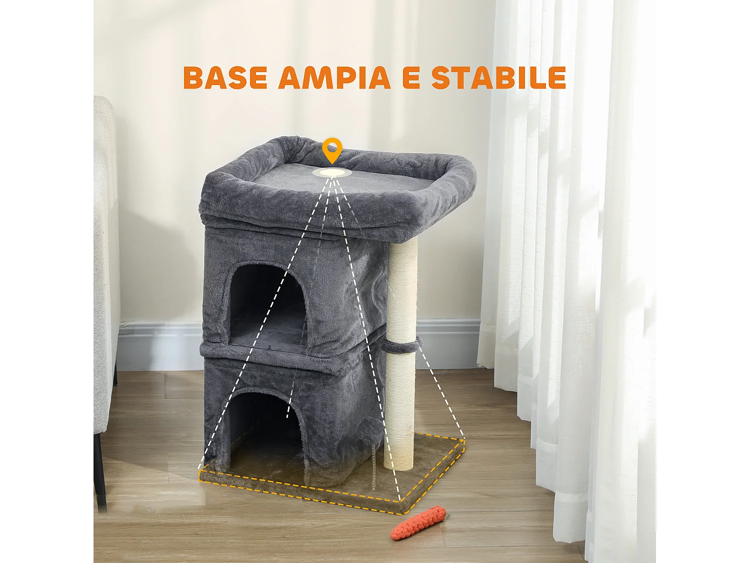 Torre per gatti con 2 casette e lettino con palo in sisal grigio