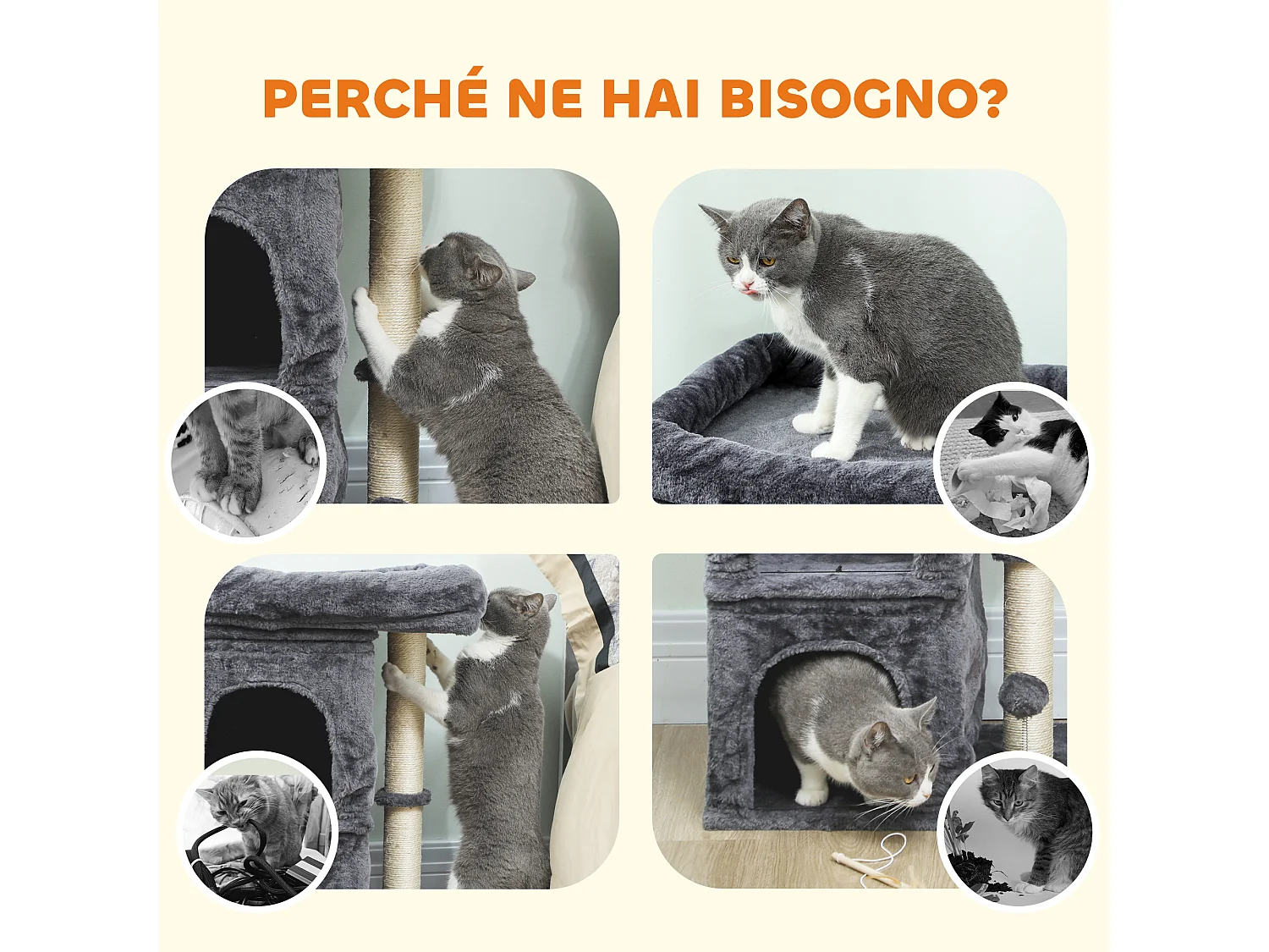 Torre per gatti con 2 casette e lettino con palo in sisal grigio