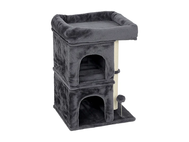 Torre per gatti con 2 casette e lettino con palo in sisal grigio