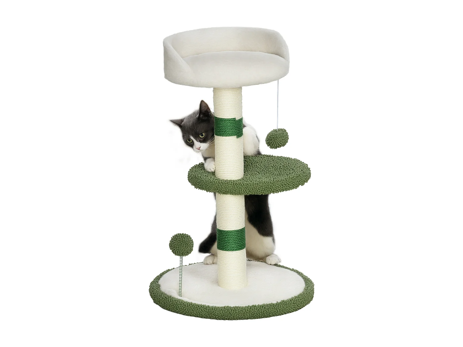 Tiragraffi per gatti con lettino palline e palo in sisal verde