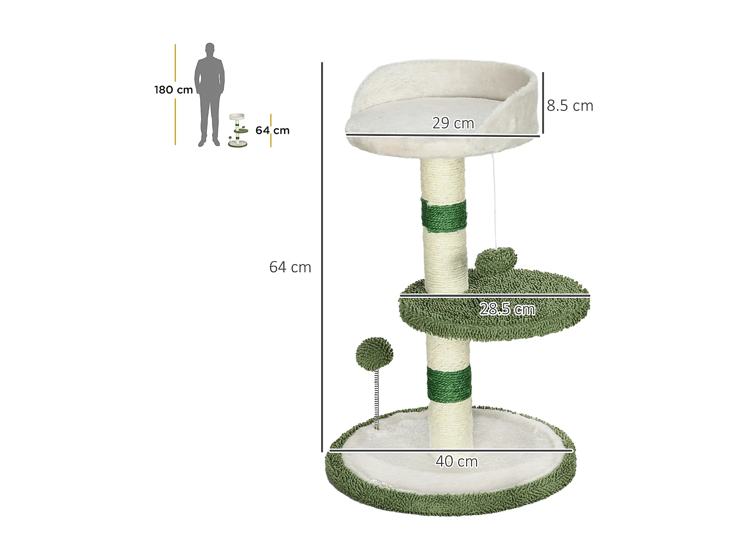 Tiragraffi per gatti con lettino palline e palo in sisal verde