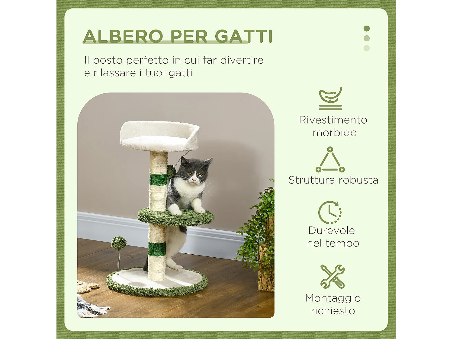 Tiragraffi per gatti con lettino palline e palo in sisal verde