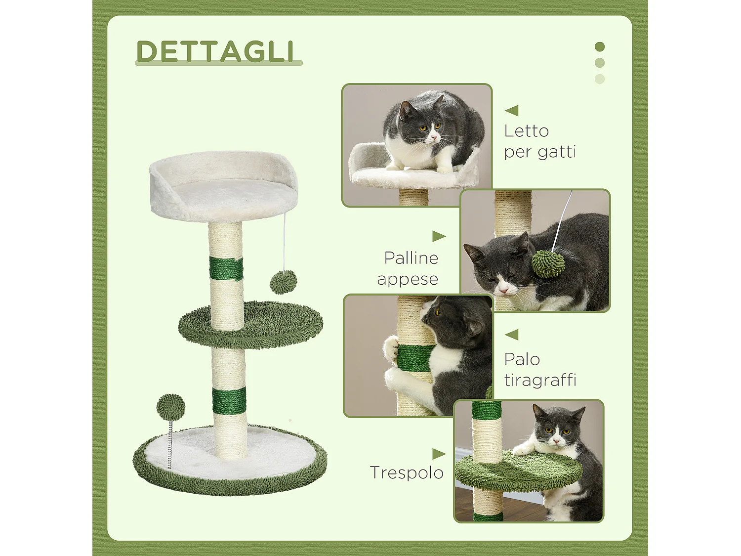 Tiragraffi per gatti con lettino palline e palo in sisal verde