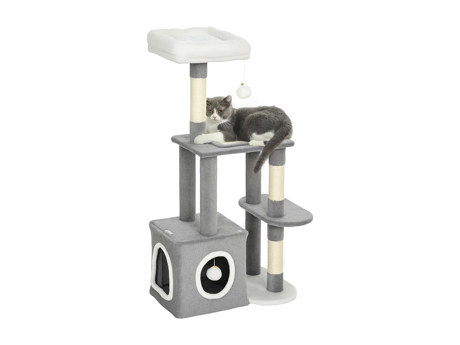 Tiragraffi per gatti con casetta, lettino e 2 palline grigio e bianco