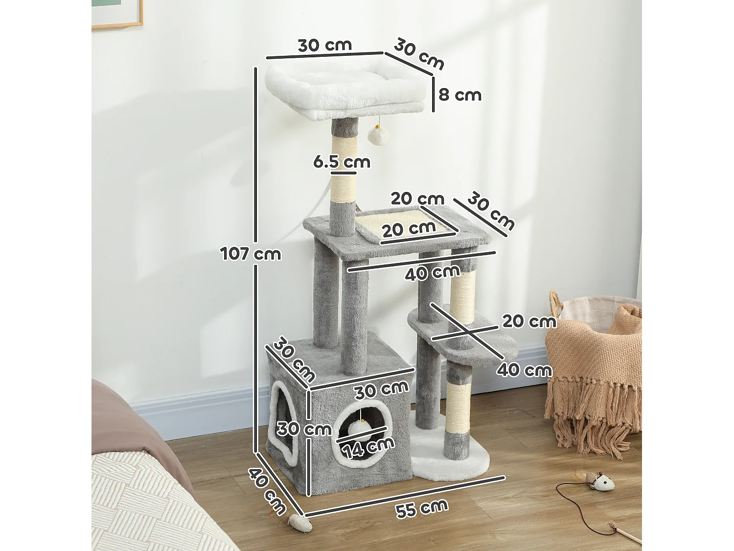 Tiragraffi per gatti con casetta, lettino e 2 palline grigio e bianco