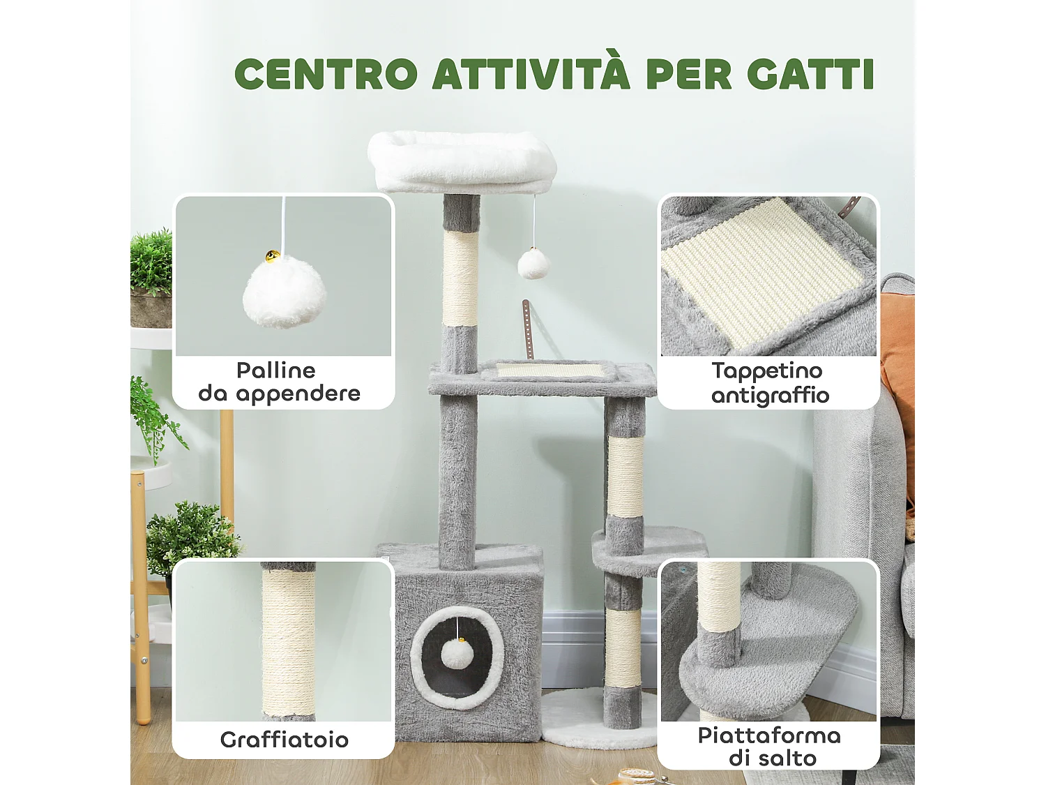 Tiragraffi per gatti con casetta, lettino e 2 palline grigio e bianco