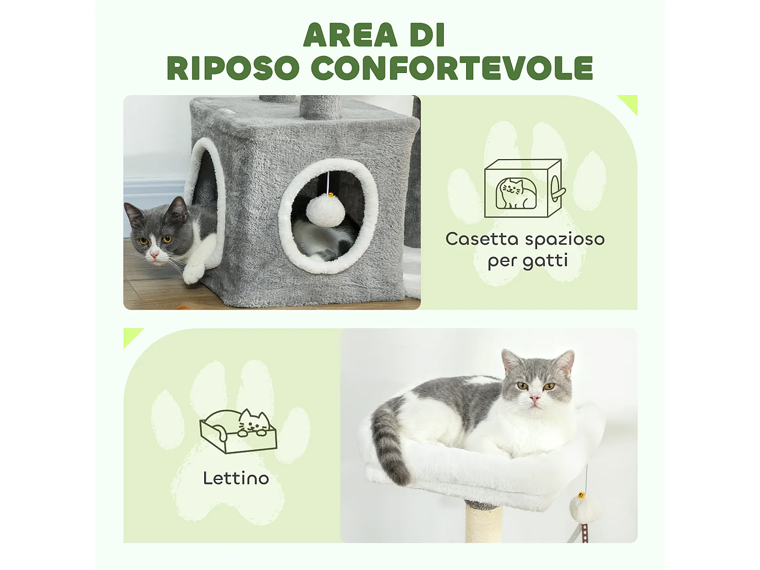 Tiragraffi per gatti con casetta, lettino e 2 palline grigio e bianco