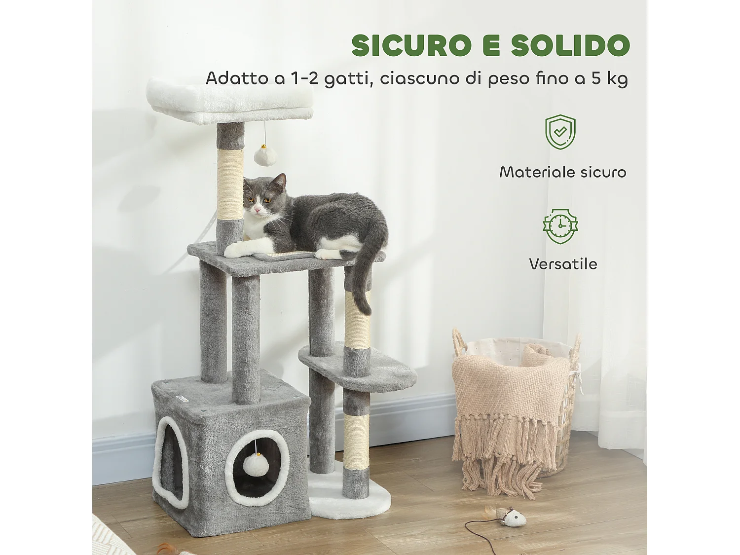 Tiragraffi per gatti con casetta, lettino e 2 palline grigio e bianco