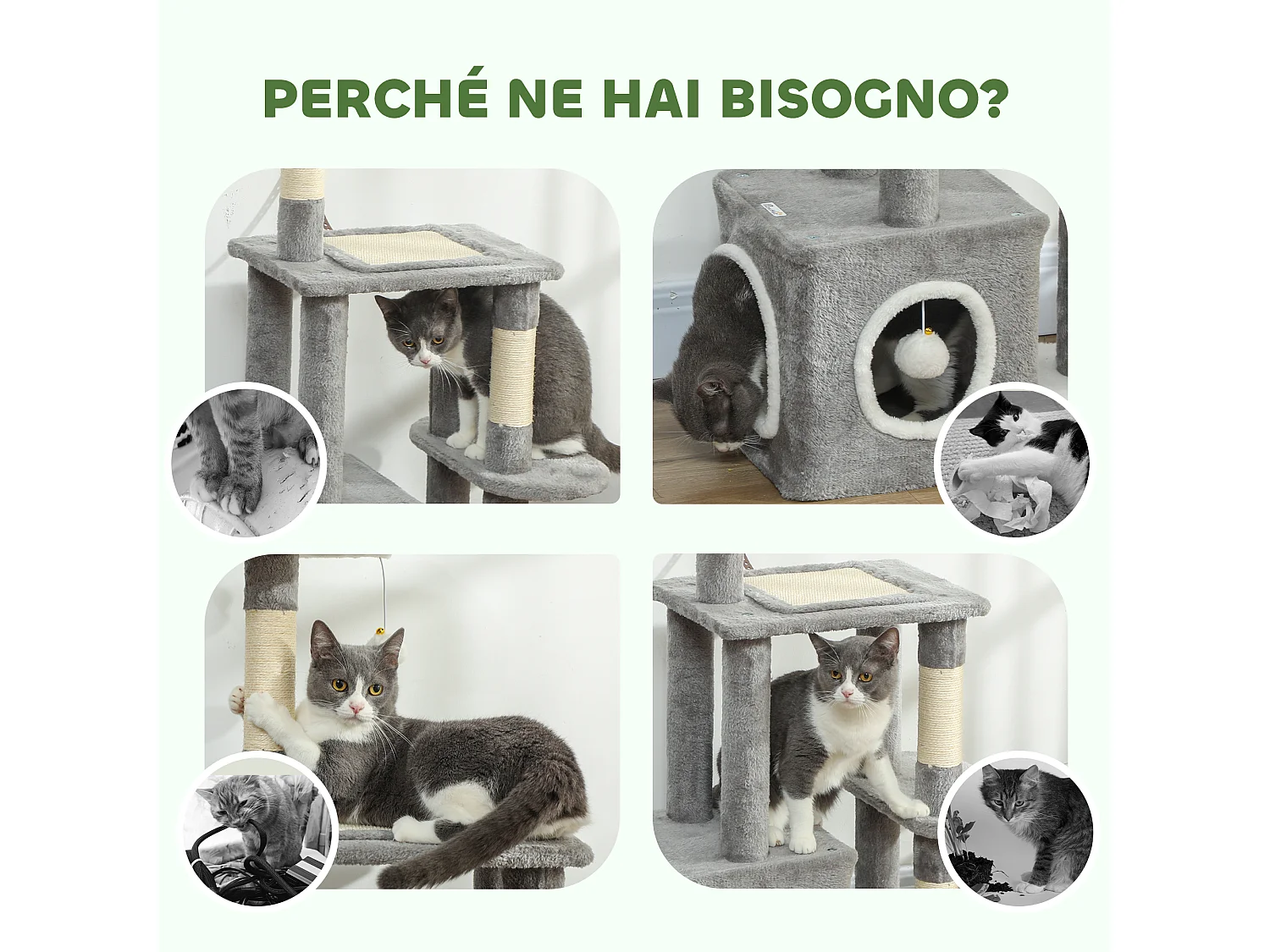 Tiragraffi per gatti con casetta, lettino e 2 palline grigio e bianco