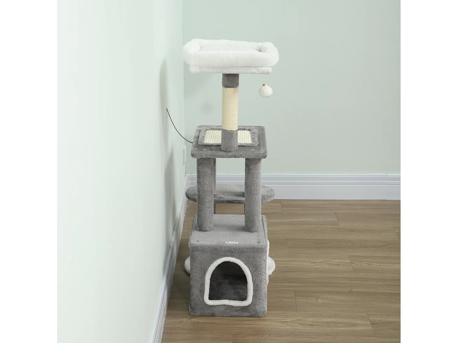 Tiragraffi per gatti con casetta, lettino e 2 palline grigio e bianco