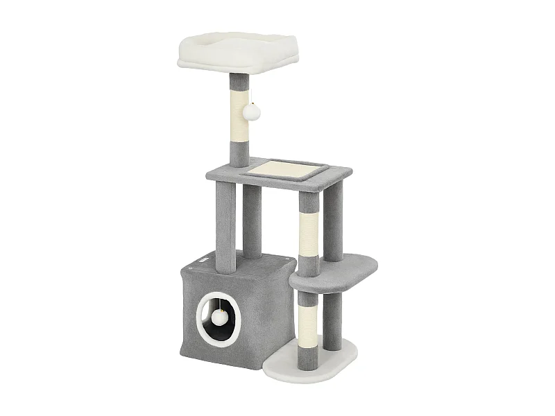Tiragraffi per gatti con casetta, lettino e 2 palline grigio e bianco