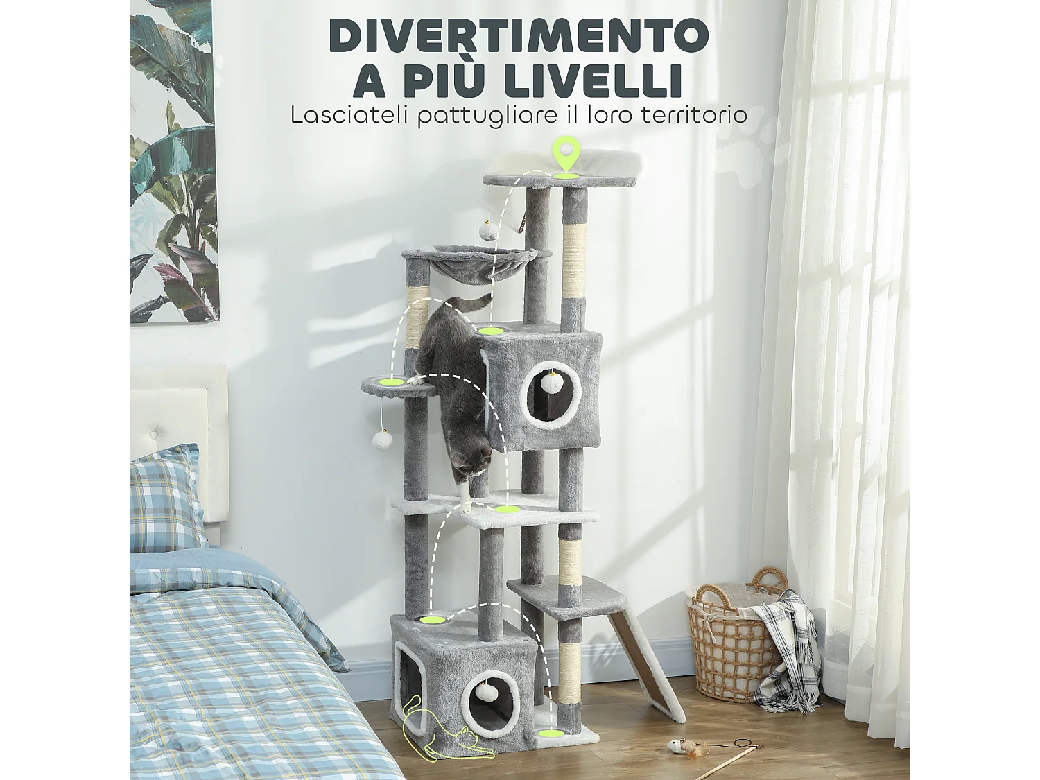 Albero Tiragraffi per Gatti con casette, rampa, trespolo e 4 palline