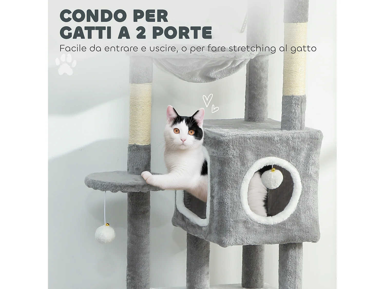 Albero Tiragraffi per Gatti con casette, rampa, trespolo e 4 palline