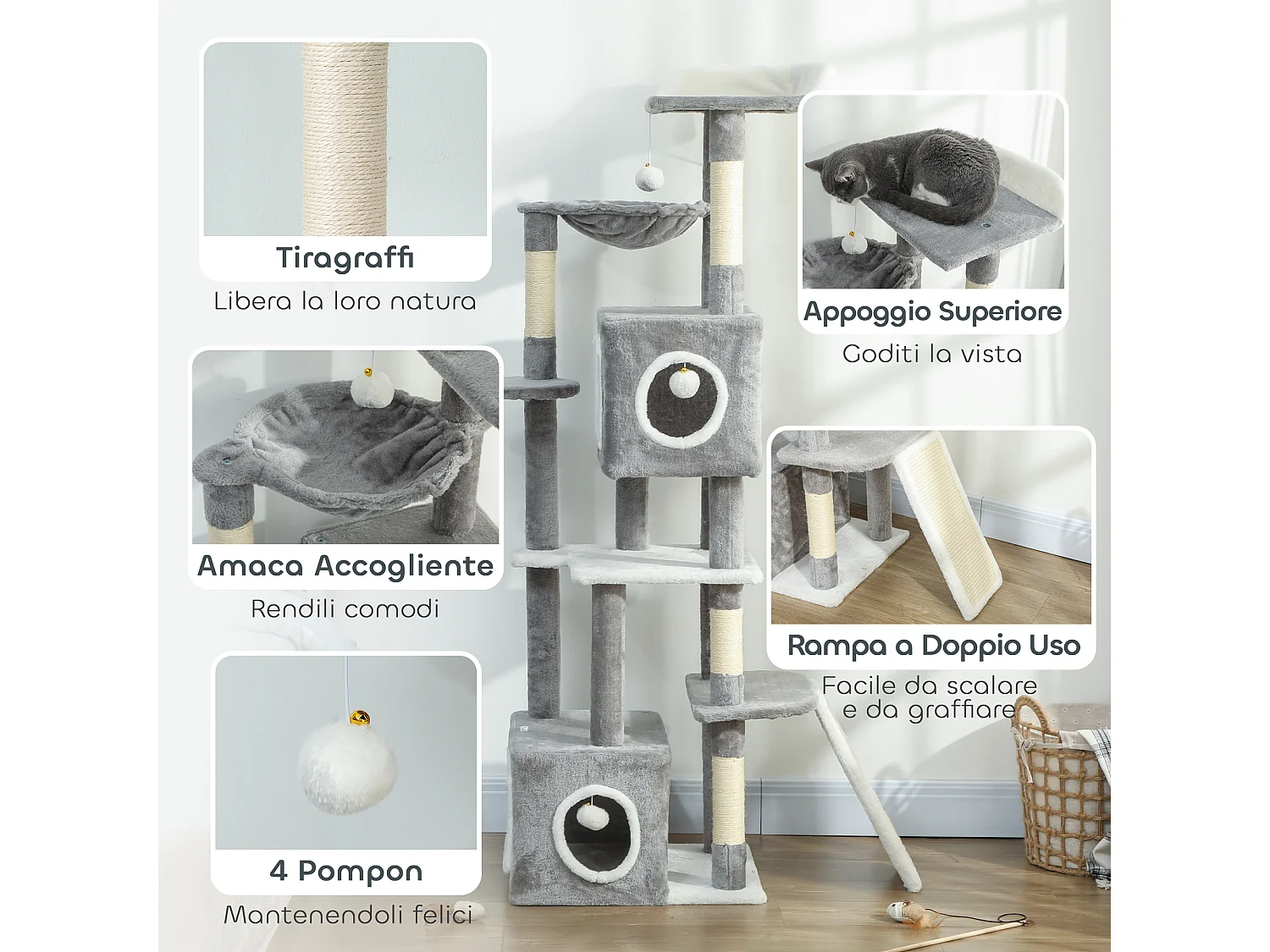 Albero Tiragraffi per Gatti con casette, rampa, trespolo e 4 palline