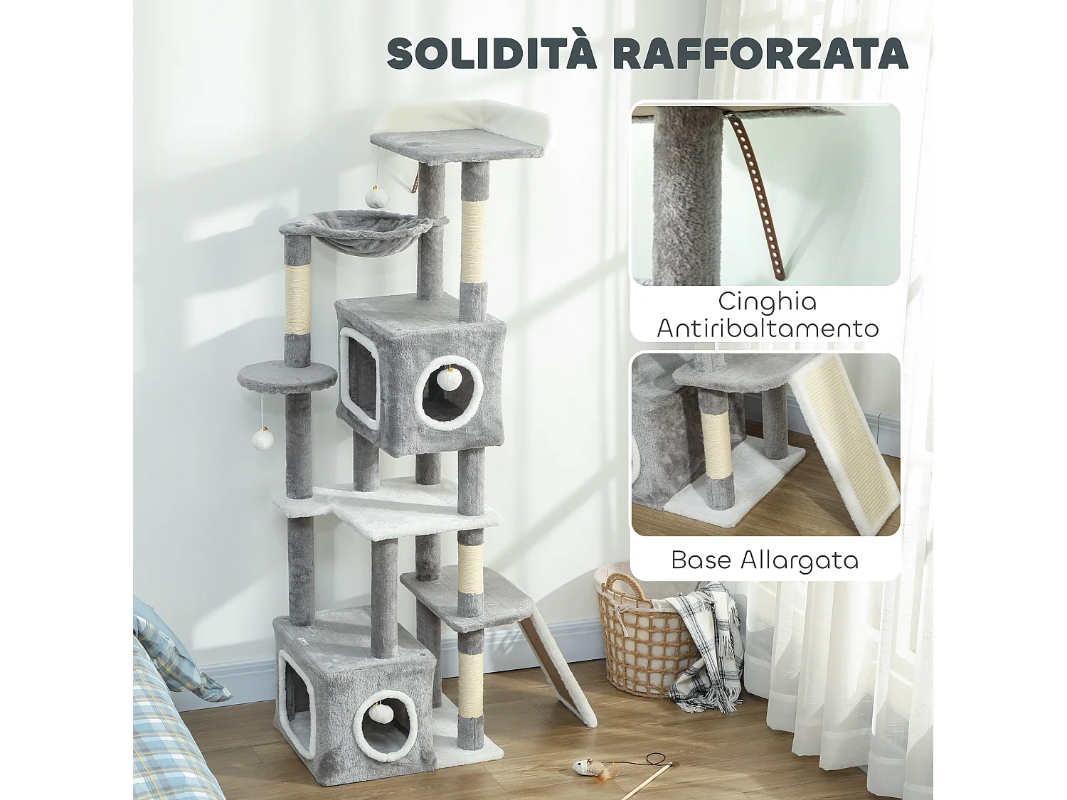 Albero Tiragraffi per Gatti con casette, rampa, trespolo e 4 palline