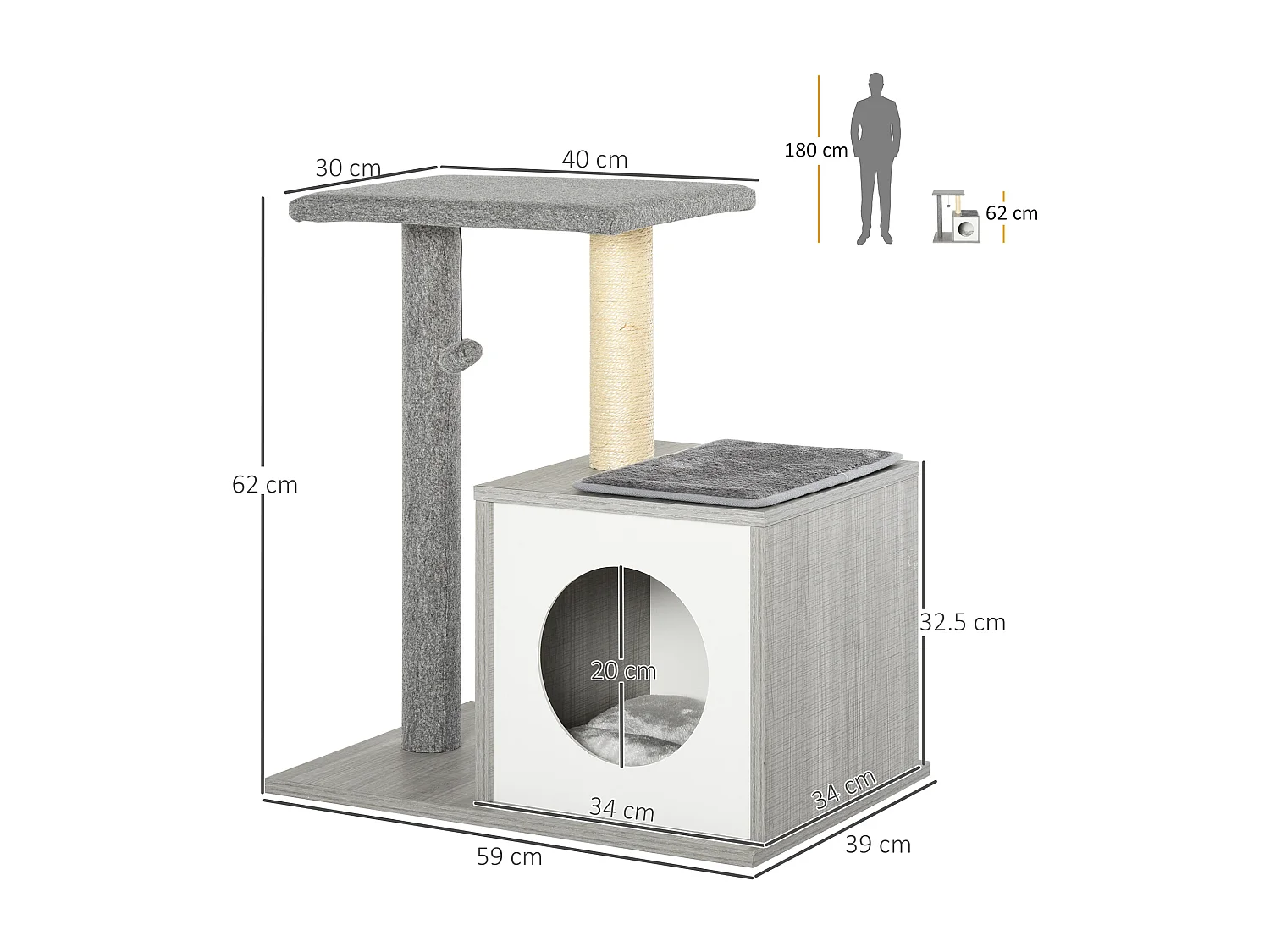 Albero Tiragraffi Multilivello per Gatti e Gattini con Cuccia e Colonna in Corda Sisal