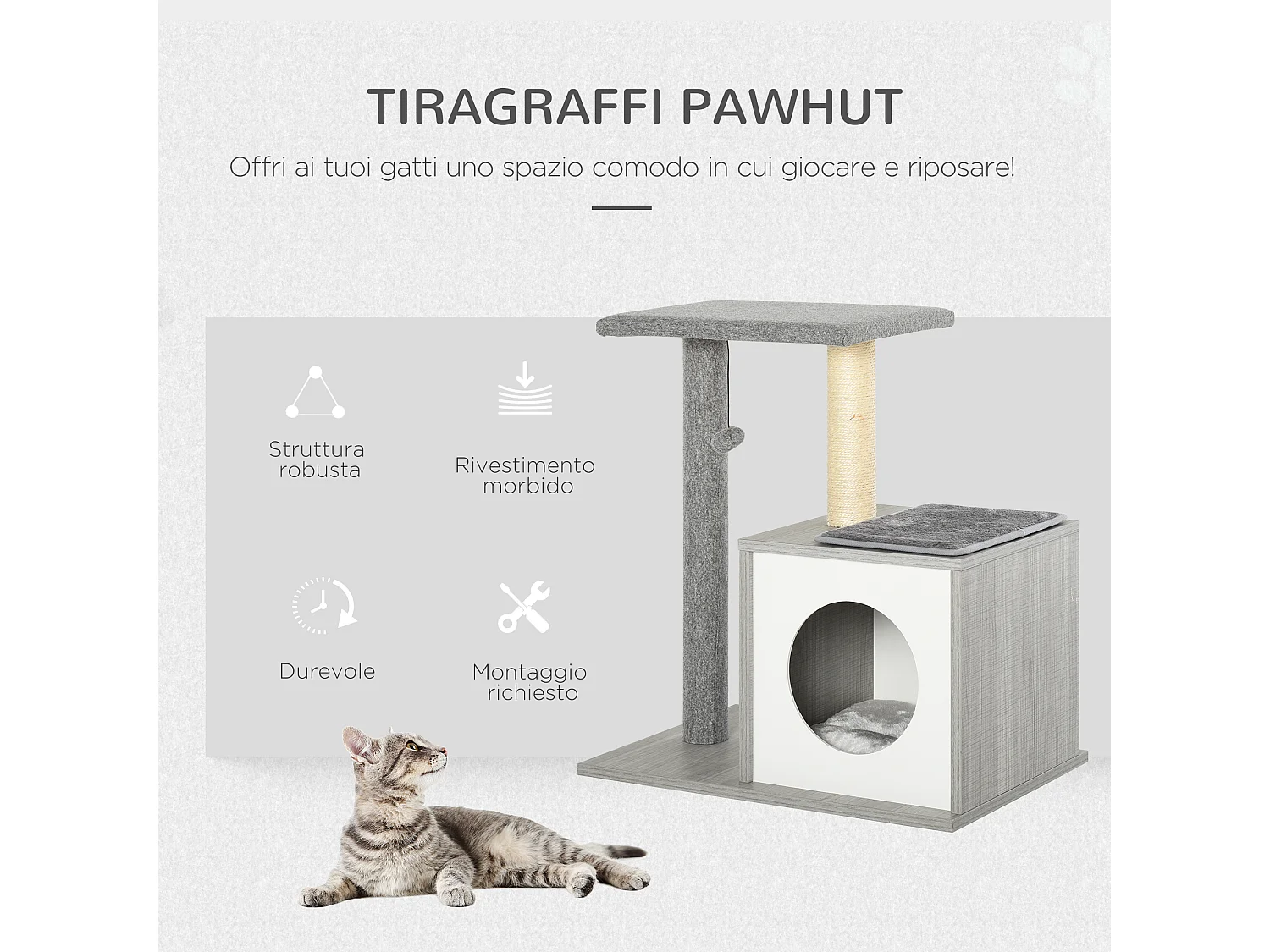 Albero Tiragraffi Multilivello per Gatti e Gattini con Cuccia e Colonna in Corda Sisal